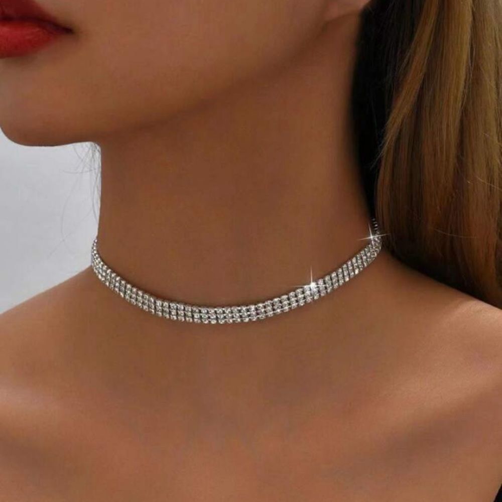 3for$20 NEW 1pc Women's Three Rows Sparkling Rhinestone Necklace Necklace Silver